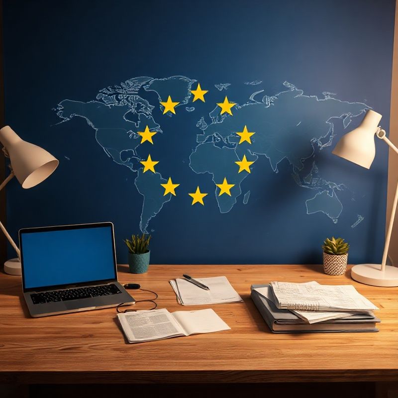Birou minimalist cu documente internaționale și laptop, motiv de hartă europeană